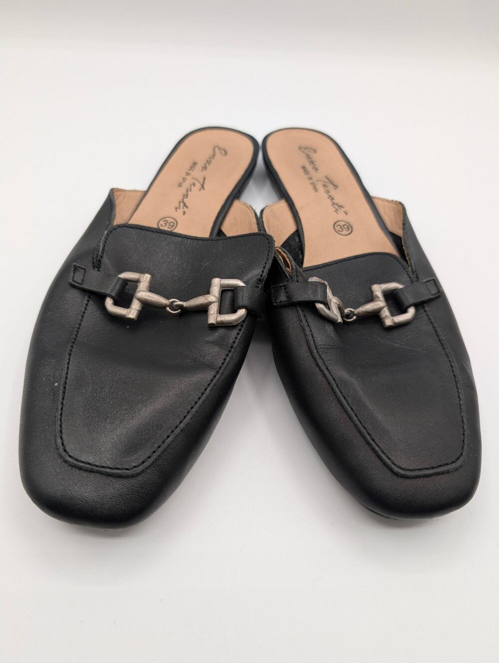 Enzo Tesoti Black Leather Horsebit Mule Loafers Sz 39